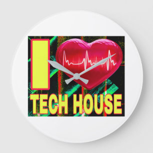I LOVE TECH HOUSE RED HEART YELLOW FONTS LARGE CLOCK