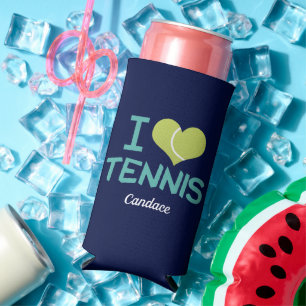 I Love Tennis Cute Custom Personalised Navy Blue Seltzer Can Cooler