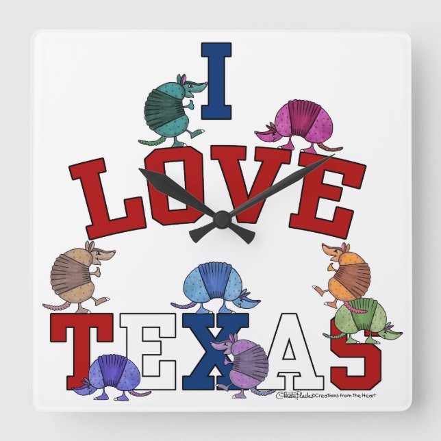 I Love Texas-Colourful Armadillos Square Wall Clock (Front)