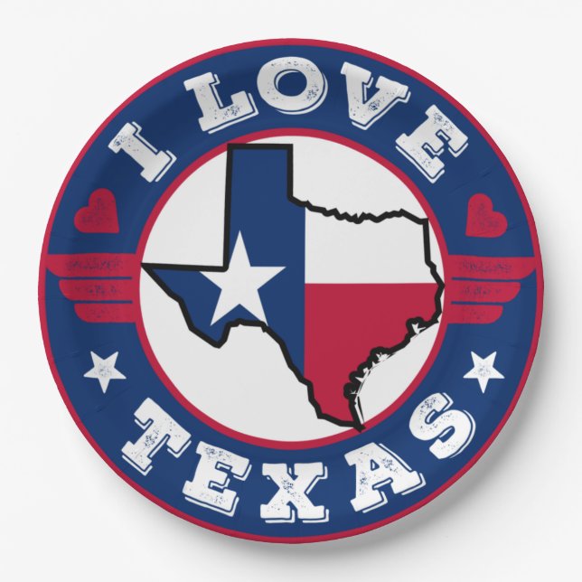 I Love Texas State Map and Flag Paper Plate (Front)