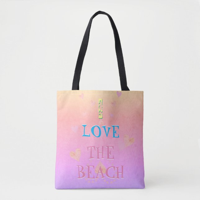 !I love the beach" Beach Heartfilled Sunrise Tote Bag (Front)