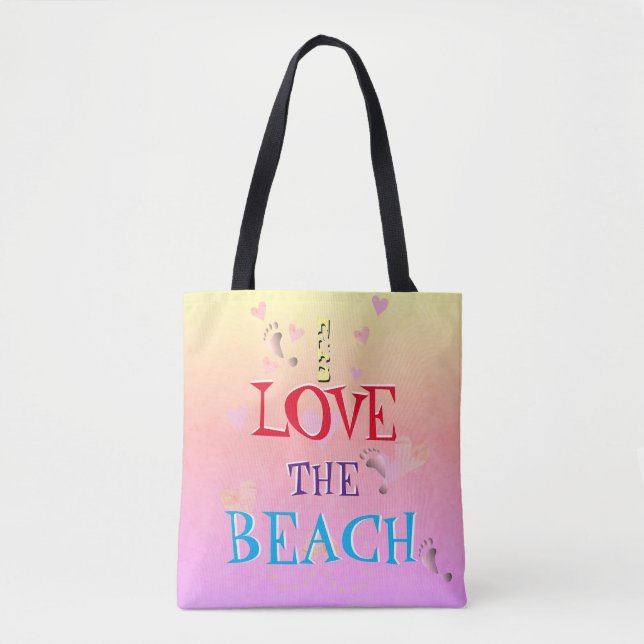 !I love the beach" Beach Heartfilled Sunrise Tote Bag (Front)