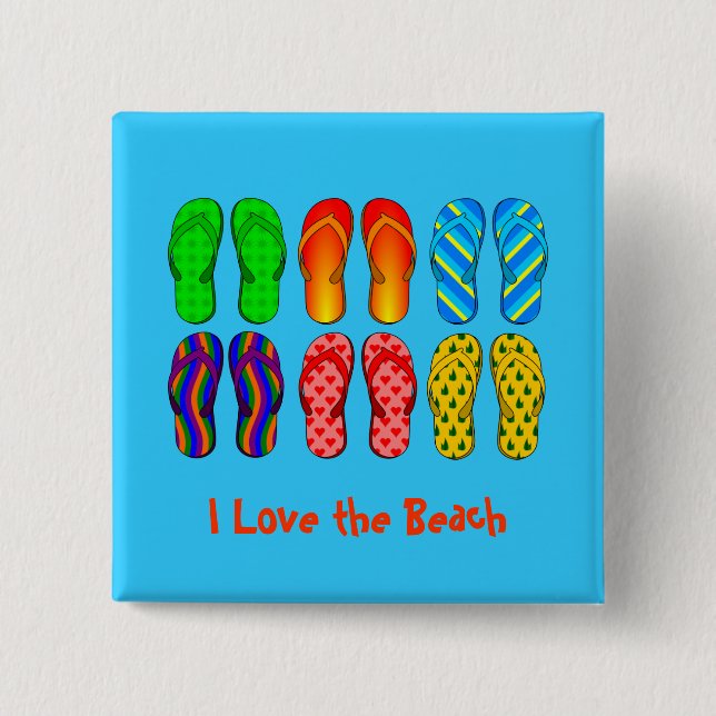 I Love the Beach - Colourful Flip Flops 15 Cm Square Badge (Front)