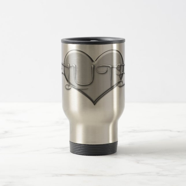 I Love The Flute Silver Heart Travel Mug (Center)
