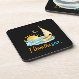 I Love the Sea Sailboat Sunset Ocean Illustration  Coaster