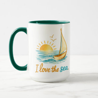 I Love the Sea Sailboat Sunset Ocean Illustration  Mug
