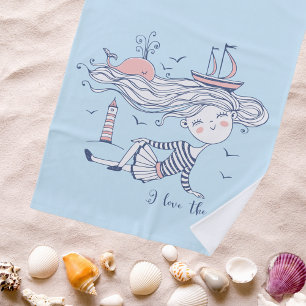 I Love the Sea Whimsical Nautical Personalised Beach Towel