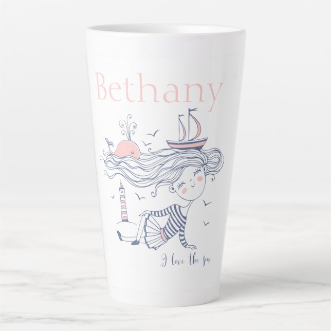 I Love the Sea Whimsical Nautical Personalised  Latte Mug (Front)