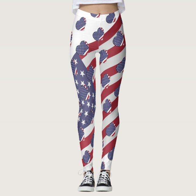 I Love The USA American Stars and Stripes Funny Leggings (Front)