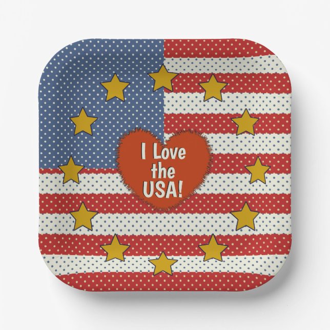 I Love The USA - Red, White, Blue Polka-Dot Flag Paper Plate (Front)