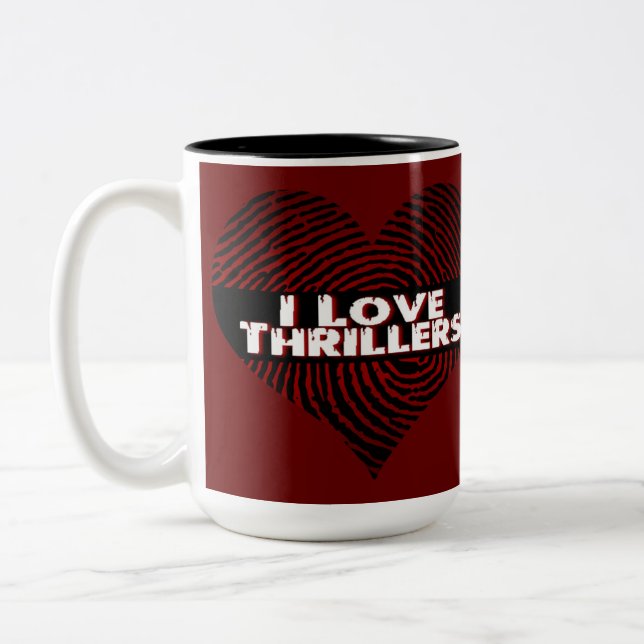 I Love Thrillers Red Two-Tone Coffee Mug (Left)