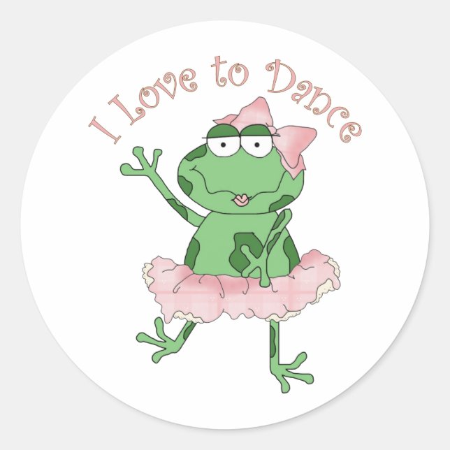 I Love to Dance Ballerina Frog Pink Classic Round Sticker (Front)