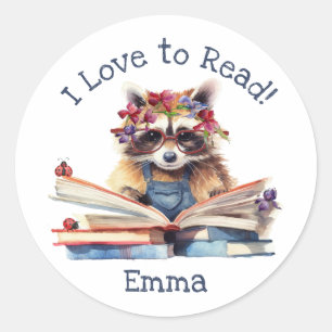 I Love to Read with Cute Baby Racoon Classic Round Sticker