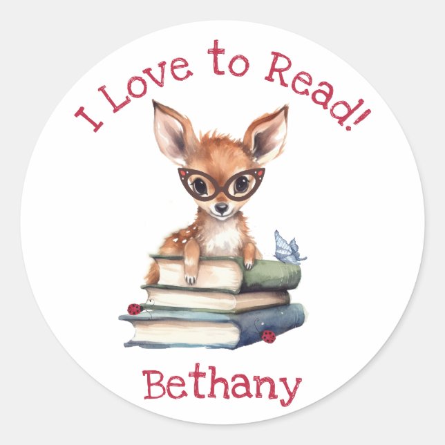 I Love to Read with Cute Fawn Classic Round Sticker (Front)