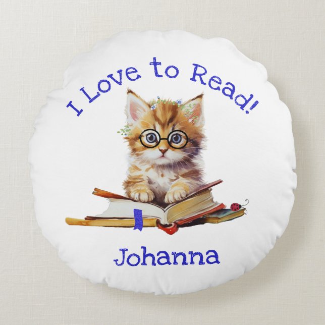 I Love to Read with Cute Kitten Round Cushion (Front)