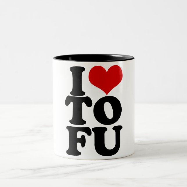 I Love Tofu Funny Vegan humour Two-Tone Coffee Mug (Center)
