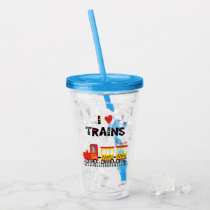 I Love Trains Colourful Kids Photo and Name Acrylic Tumbler