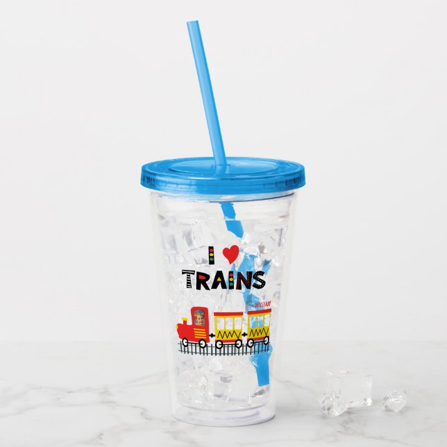 I Love Trains Colourful Kids Photo and Name Acrylic Tumbler (Front Ice)