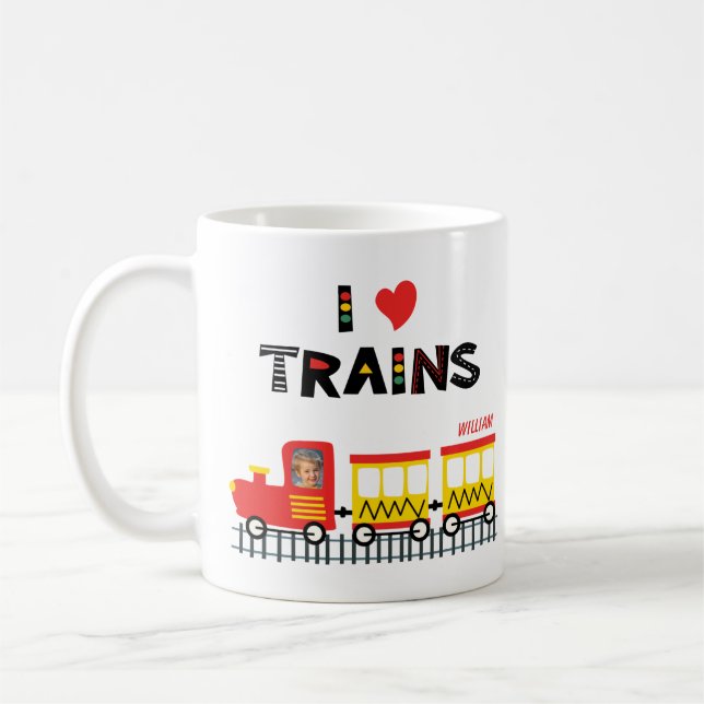 I Love Trains Colourful Kids Photo and Name Coffee Mug (Left)