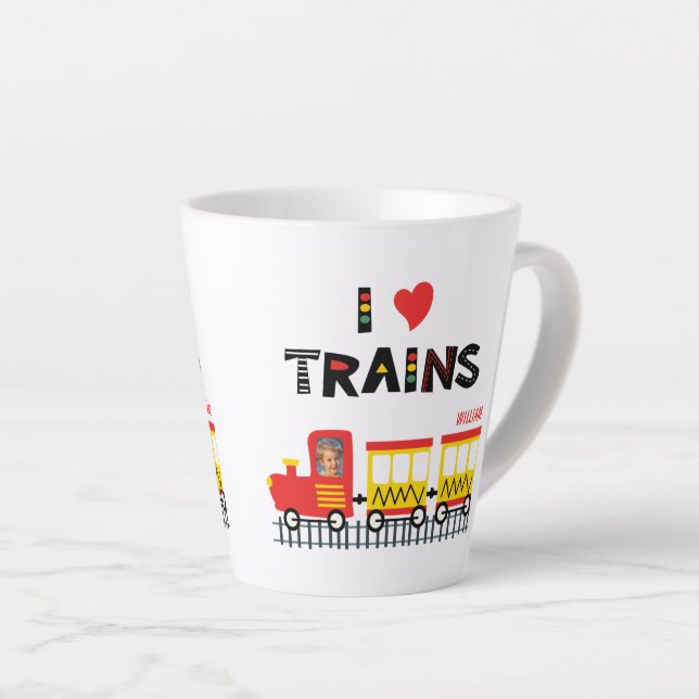 I Love Trains Colourful Kids Photo and Name Dinner Latte Mug (Right Angle)