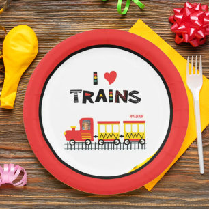 I Love Trains Colourful Kids Photo and Name Party Paper Plate
