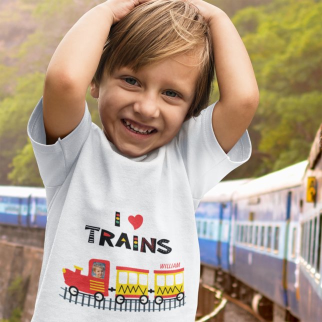 I Love Trains Colourful Kids Photo and Name T-Shirt (Creator Uploaded)