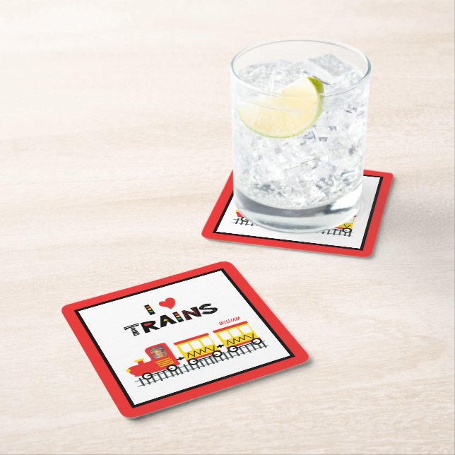 I Love Trains Colourful Kids Photo Name Party Square Paper Coaster (Insitu)