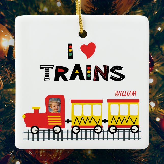 I Love Trains Kids Photo and Name Christmas Ceramic Ornament (Creator Uploaded)