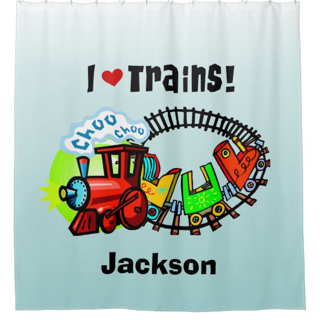 I Love Trains Personalised Transportation Shower Curtain (Front)