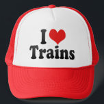 I Love Trains Trucker Hat<br><div class="desc">I Love Trains
 Great I Love Trains product with a big heart filled with red stripes. This and many more Trains gifts,  with also other railway  products for Trains lovers available at our store.</div>