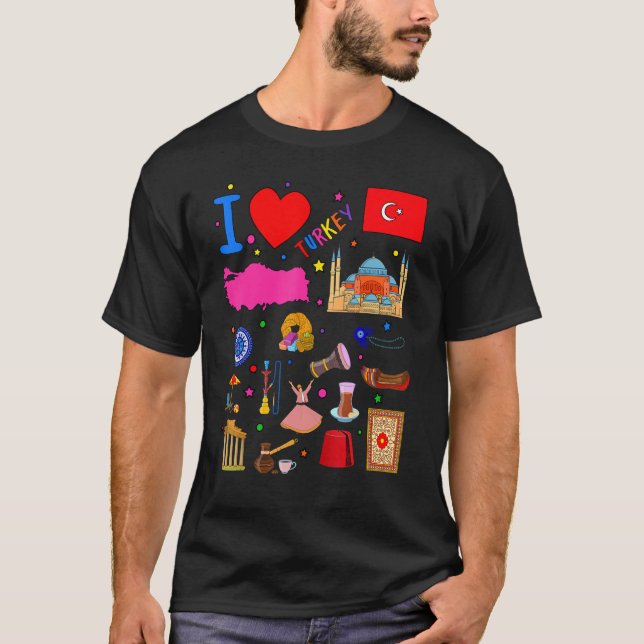 I love Turkey  Hand drawn Turkish Landmarks  flag  T-Shirt (Front)