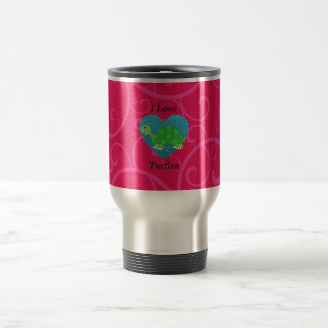 I love turtles pink swirls travel mug (Center)