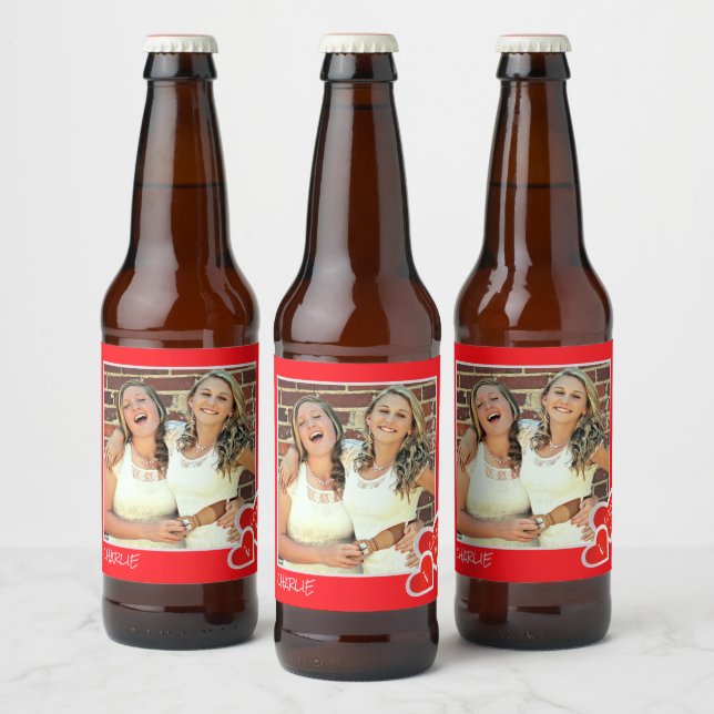 I Love U, Cute Hearts -  Custom Photo Personalised Beer Bottle Label (Bottles)