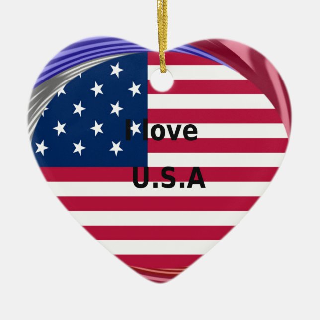 I Love U.S.A. Swirl: Patriotic Heart Art Print  Ceramic Tree Decoration (Front)