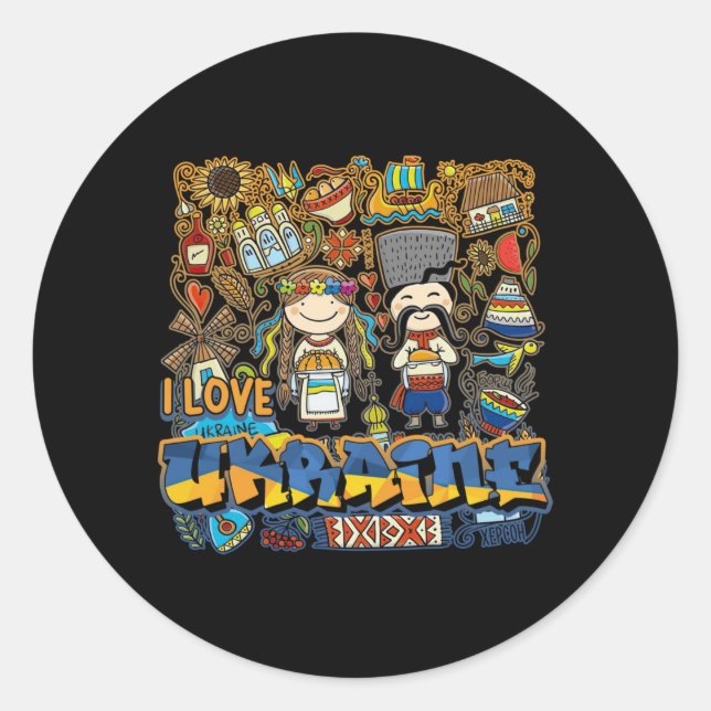 I love Ukraine Doodle with Ukrainian Flag Classic Round Sticker (Front)