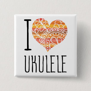 I Love Ukulele Orange Mandala Heart 15 Cm Square Badge