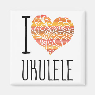 I Love Ukulele Orange Mandala Heart Magnet