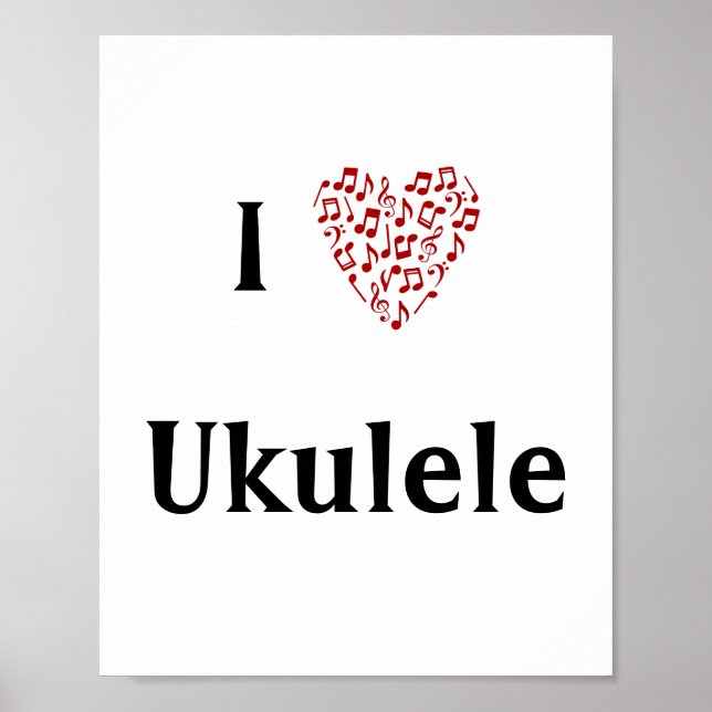 I Love Ukulele Red Heart of Music Notes Poster (Front)