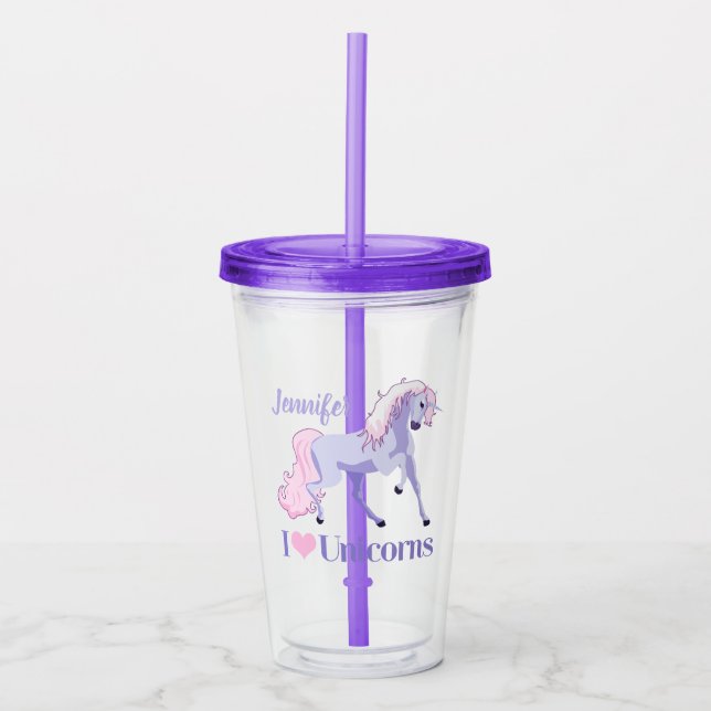 I Love Unicorns Cute Custom Unicorn Acrylic Tumbler (Front)