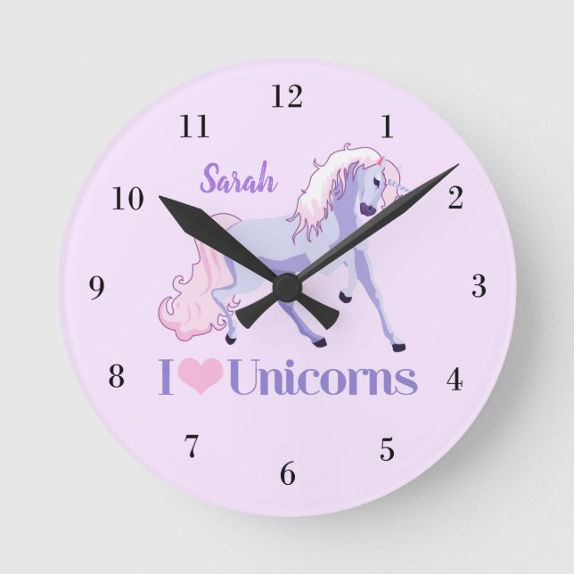 I Love Unicorns Cute Pink Purple Monogram Girls Round Clock (Front)