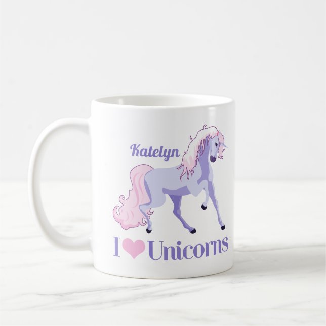 I Love Unicorns Cute Purple Personalised Coffee Mug (Left)