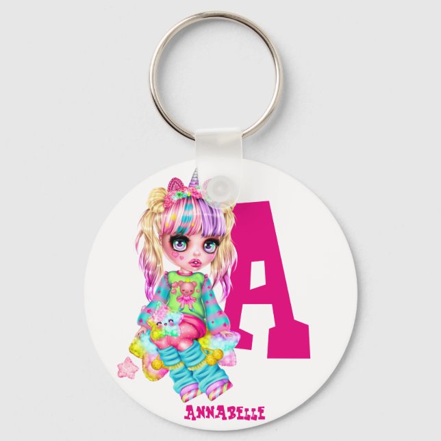 I Love Unicorns Kawaii Chibi Girl Named Gift Key Ring (Front)