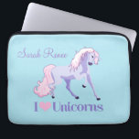 I Love Unicorns Personalised Laptop Sleeve<br><div class="desc">I heart beautiful pink and purple unicorns on cotton candy blue backgrounds on a cute custom gift.</div>