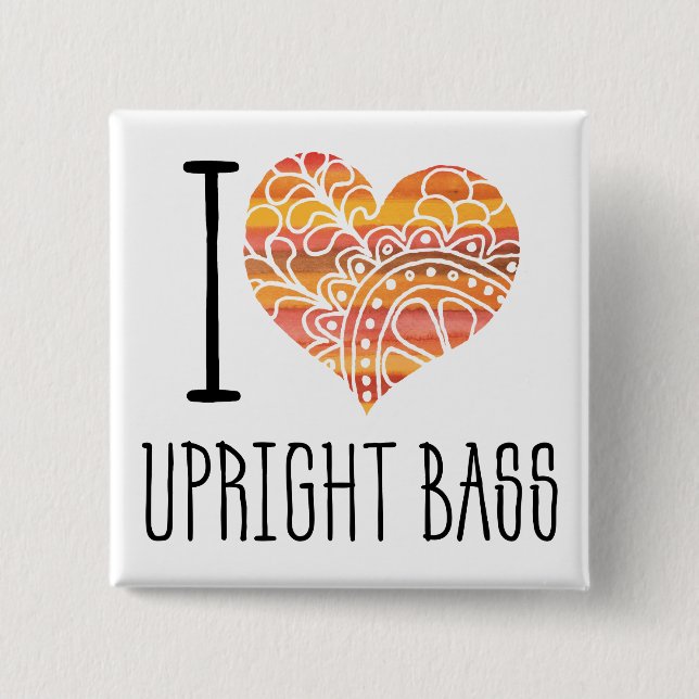 I Love Upright Bass Orange Mandala Heart 15 Cm Square Badge (Front)