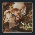 I Love Us Couple Quote Photo Names Square Wall Clock<br><div class="desc">A beautiful way to celebrate your relationship, this photo acrylic print design wall clock features 'i love us' in white hand lettered script overlay at the bottom right, followed by your names. To personalize, replace with your photo and edit the names field. Acrylic prints are a BEAUTIFUL way to enjoy...</div>