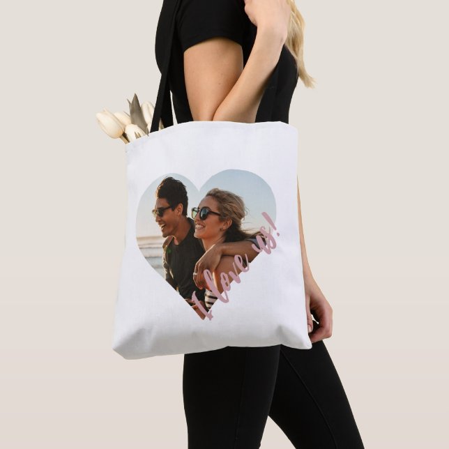 I love us Script Heart Photo Pink Tote Bag (Close Up)