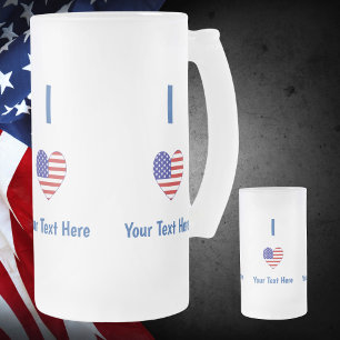 I Love (USA Flag Heart) Your Blue Text Frosted Glass Beer Mug