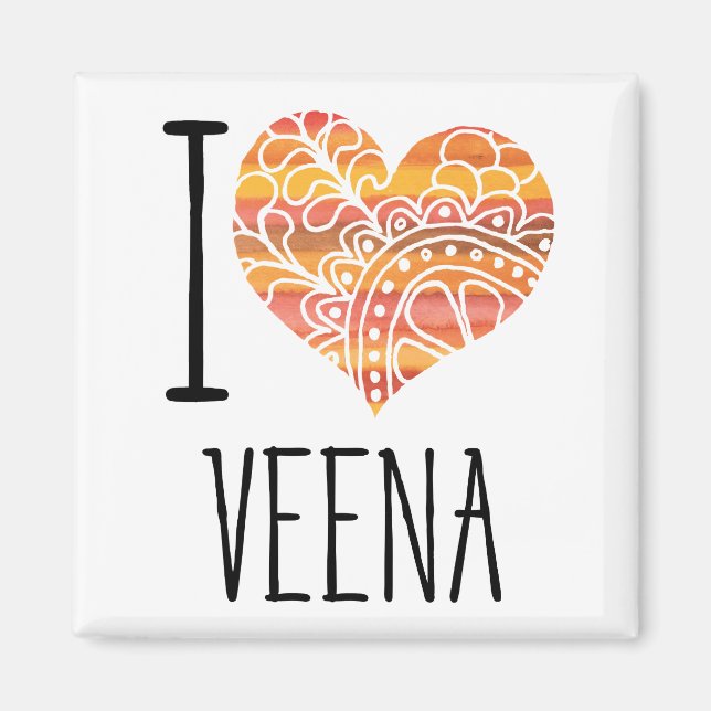 I Love Veena Orange Mandala Heart Magnet (Front)