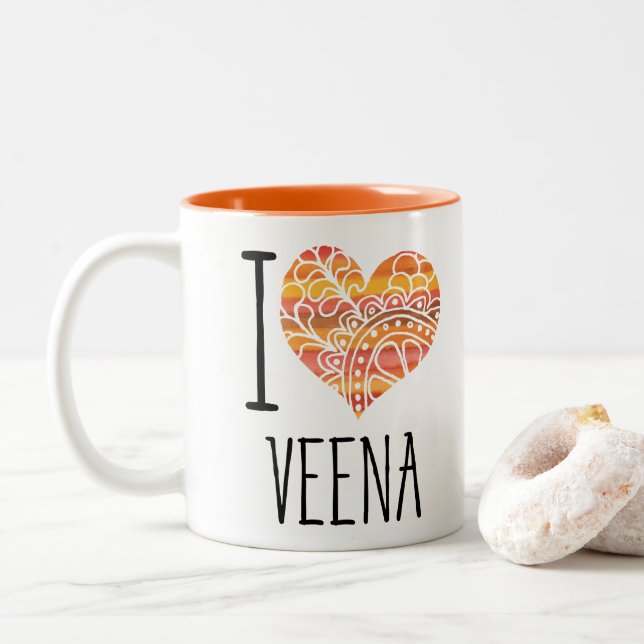 I Love Veena Orange Mandala Heart Two-Tone Coffee Mug (With Donut)
