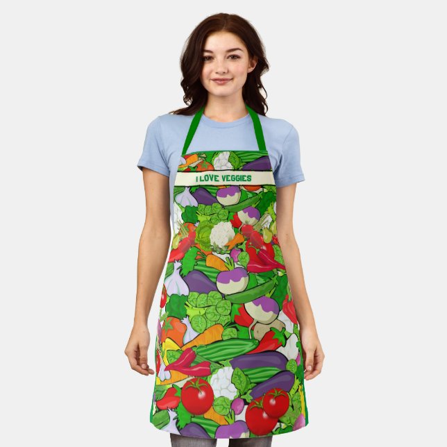 I LOVE VEGGIES Colourful Vegetables Apron (Worn)